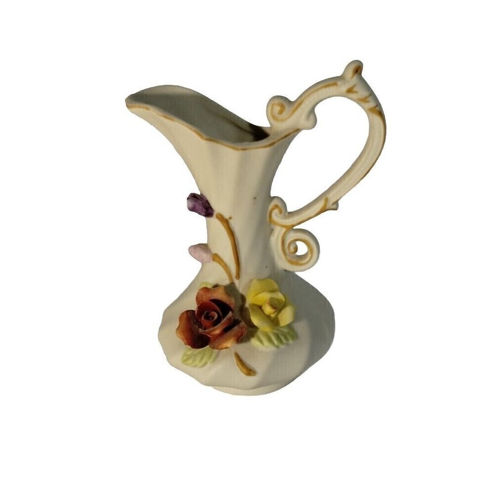 Vintage Capodimonte Porcelain Vase Creamer‎ Pitcher 3D Roses Bisque, "N" Mark